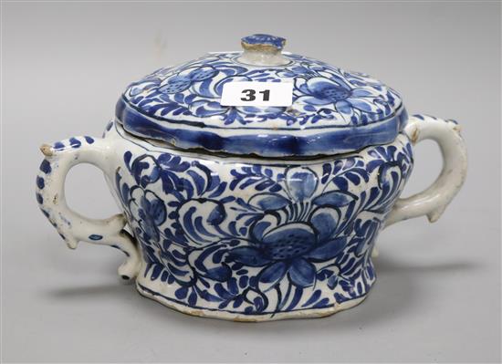 An 18th century delft two handled bowl and cover height 12cm (a.f.)